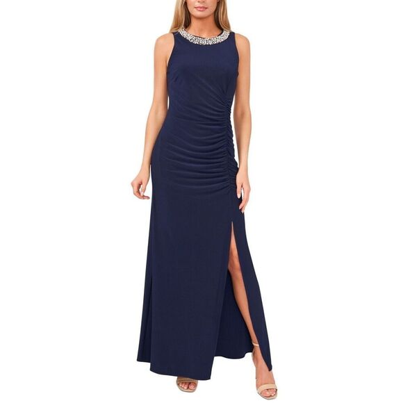MSK 93900363L Sz 16 Navy Style Setter Embellished Front-Slit Evening Gown - Picture 10 of 12